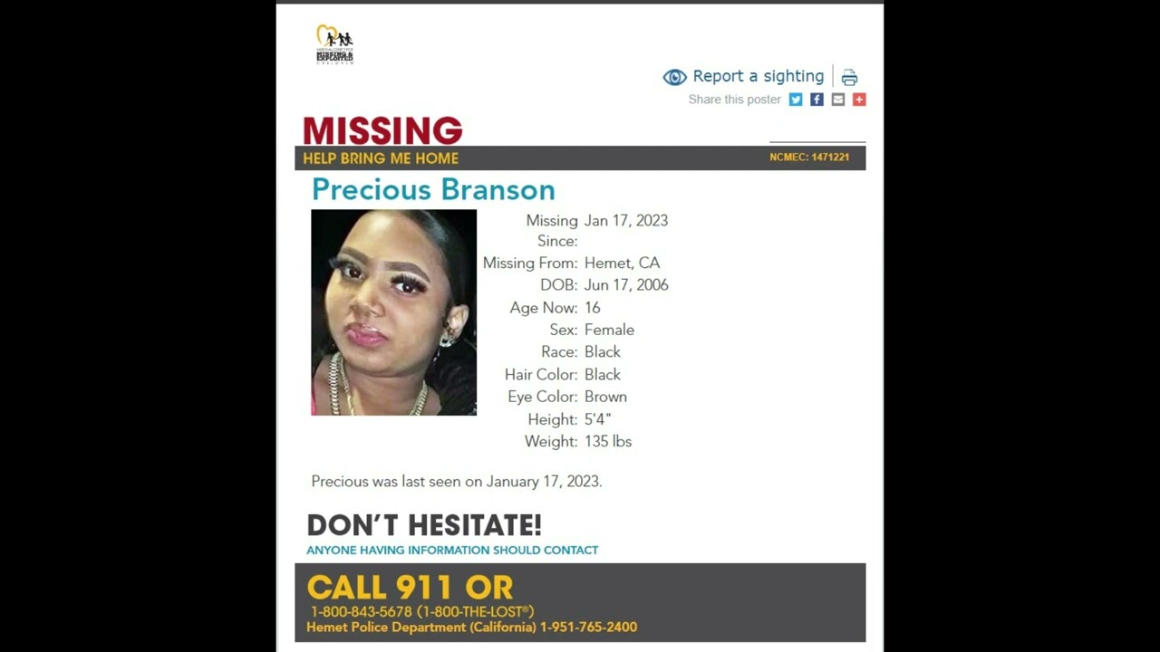 PRECIOUS BRANSON MISSING SINCE JAN 17 2023