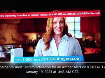 KTXD 47 airs Amber Alert (Child Abduction Emergency) Emergency Alert System alert on 1/19/23.