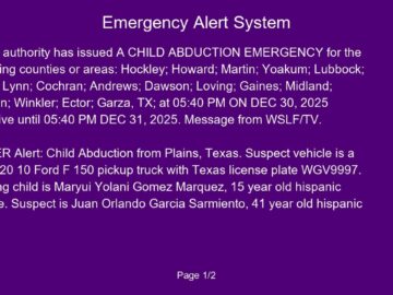 IPAWSCAP Child Abduction Emergency for portions of Texas (12/30/25)