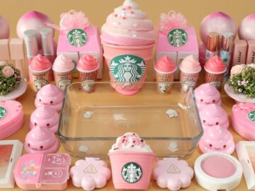 Mixing”Pink Starbucks” Eyeshadow and Makeup,parts,glitter Into Slime!Satisfying Slime Video!★ASMR★